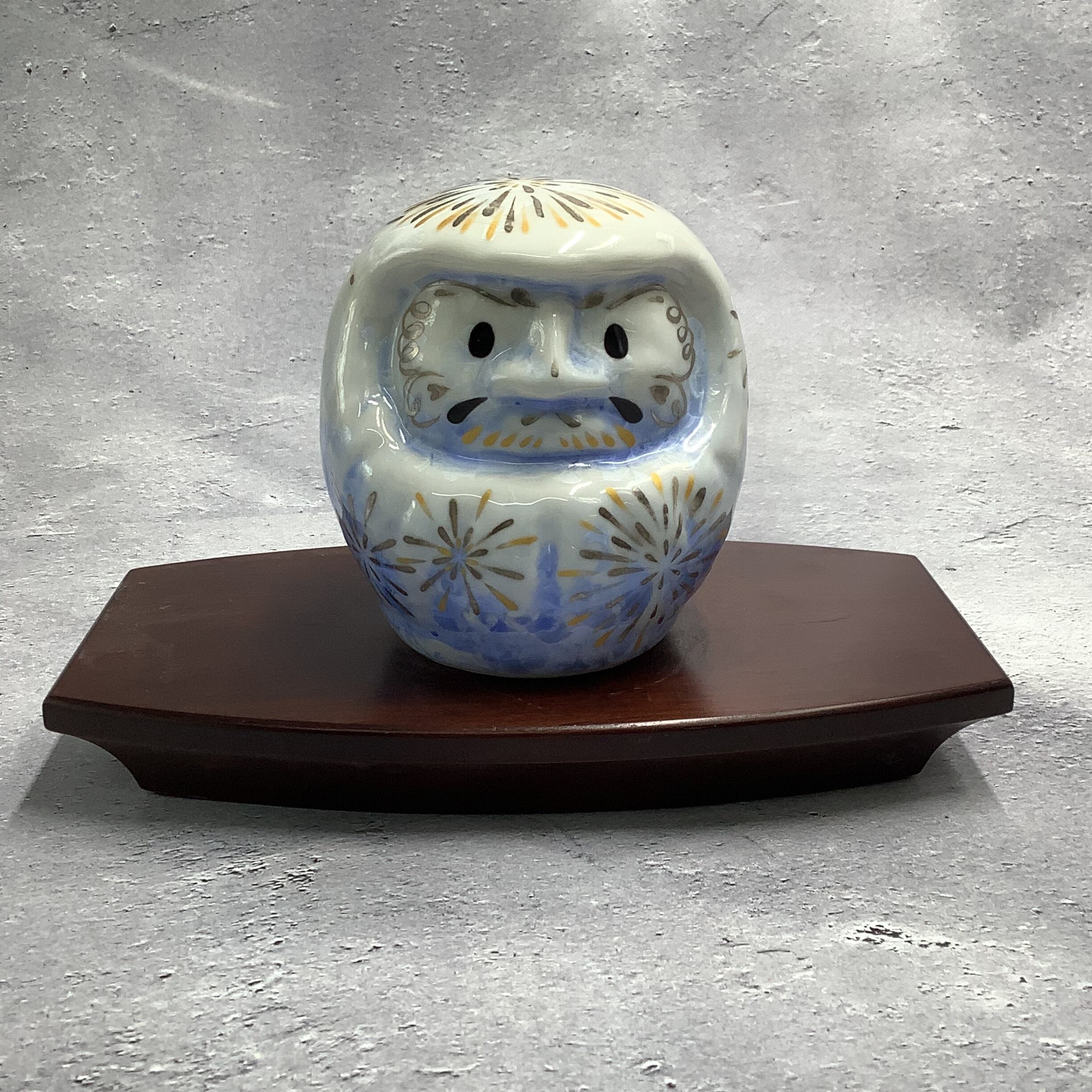 新作】達磨 ダルマ （小） 花結晶（白青）金彩×銀彩 花火 置物