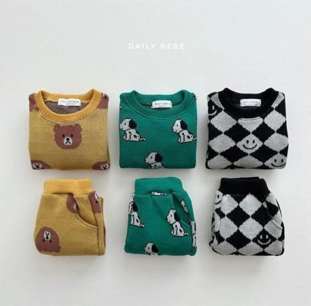 【予約10/6迄】DAILYBEBEトップス 長ズボン 長袖 秋 韓国子供服  男の子 暖かい くま いぬスマイル smile 黒 緑