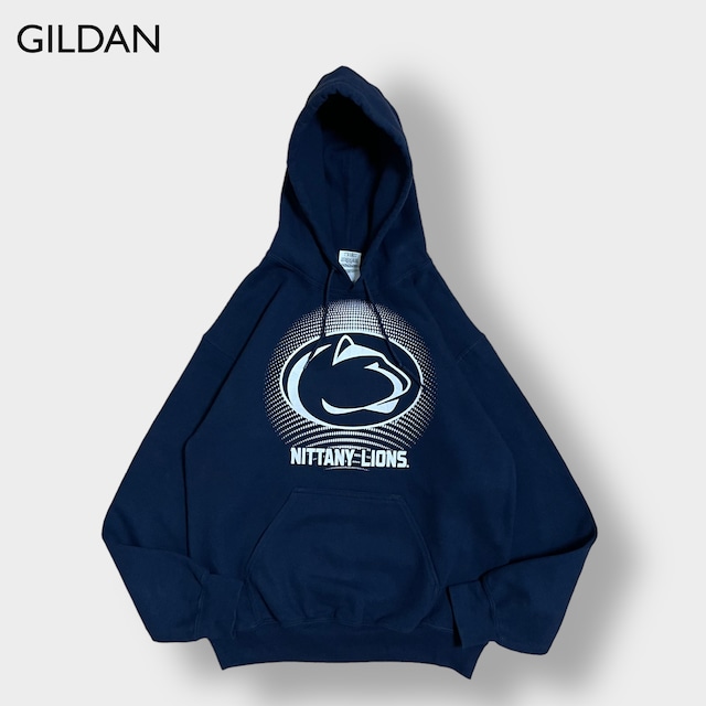 GILDAN カレッジ パーカー ペンシルバニア州立大学 Nittany Lionマスコット ロゴ プリント パーカー フーディー プルオーバー スウェット us古着