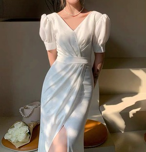 No.50 マーメイド　パフスリーブ　キラキラ　ラメ　グリッター　スリットロングドレス　韓国　ウェディングドレス