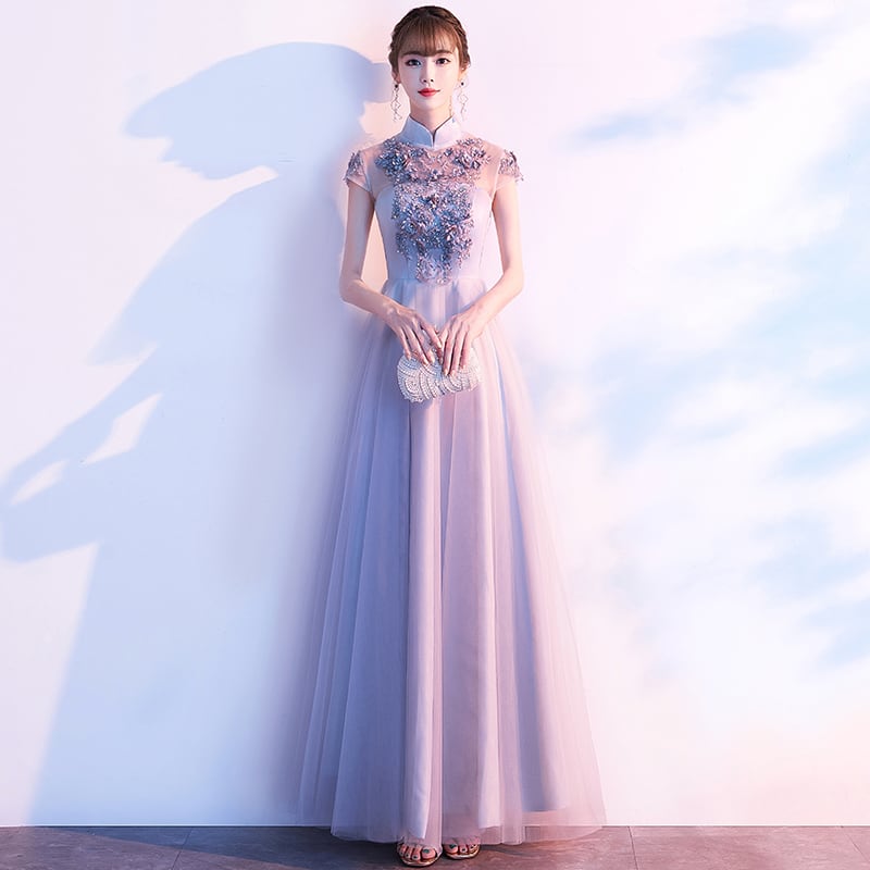 パーテイードレス チャイナ風ワンピース ロングドレス ロングワンピース 結婚式 演奏会 二次会 スタンドネック 半袖 着痩せ エレガント チュール 大きいサイズ Xs S M L Ll 3l グレー Dresszone