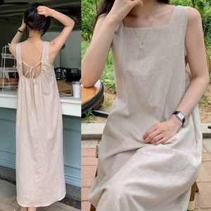 【送料無料】ワンピース ドレス レディース 夏 ロングワンピース ロング マキシワンピース マキシ丈 リネン 麻 リゾートワンピース リゾートドレス サマードレス 無地 シンプル ナチュラル フレア ノースリーブ スクエアネック 背中あき バックシャン リボン りぼん 体型カバー 着痩せ 細見え 脚長 大人 カジュアル 無地 シンプル 韓国 人気 おしゃれ お出かけ 旅行 リゾート デート 薄手 20代 30代 40代 50代 ベージュ
