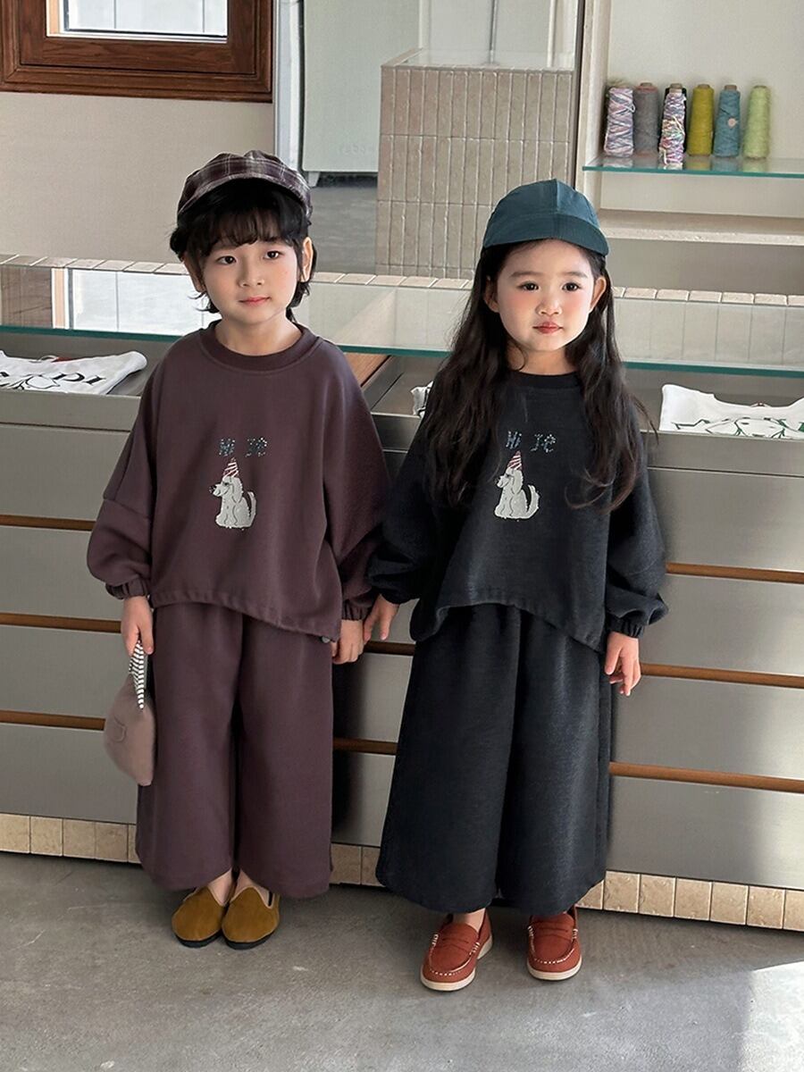 ワンちゃんプリントスウェットセットアップ（パープル／チャコール