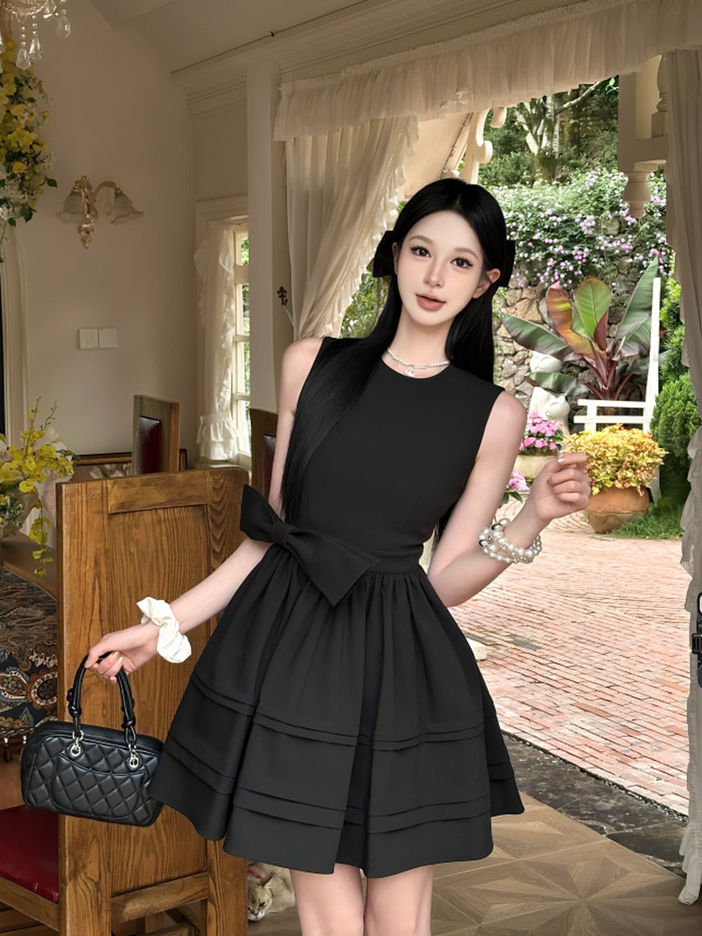 サイドビッグリボンアタッチメントノースリーブワンピース | 韓国/ワン