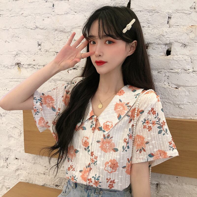 シャツ サマーカラーFlowerデザイン プリント柄薄手 大人ガーリー スウィート キュート カジュアル 夏物 フラワーデザイン 萌量不足52629162654