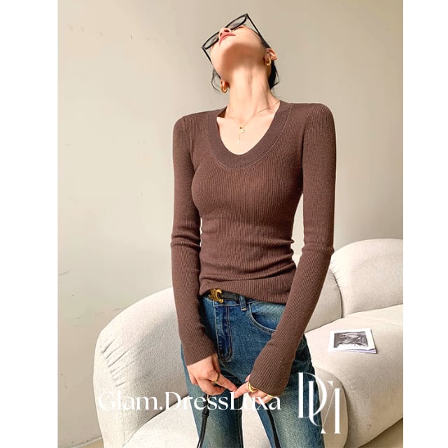 ラウンドネック タイトニットトップス/4color_T37