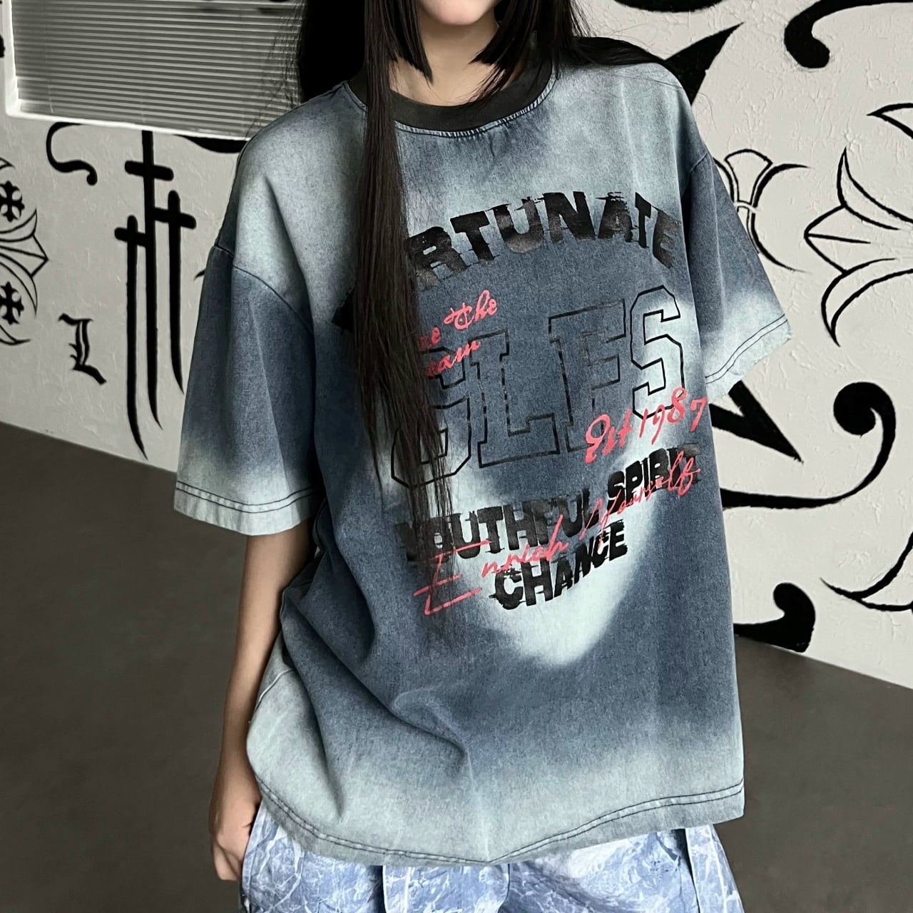 グラデーションウォッシュレタープリントデニムTシャツ 1col R02535