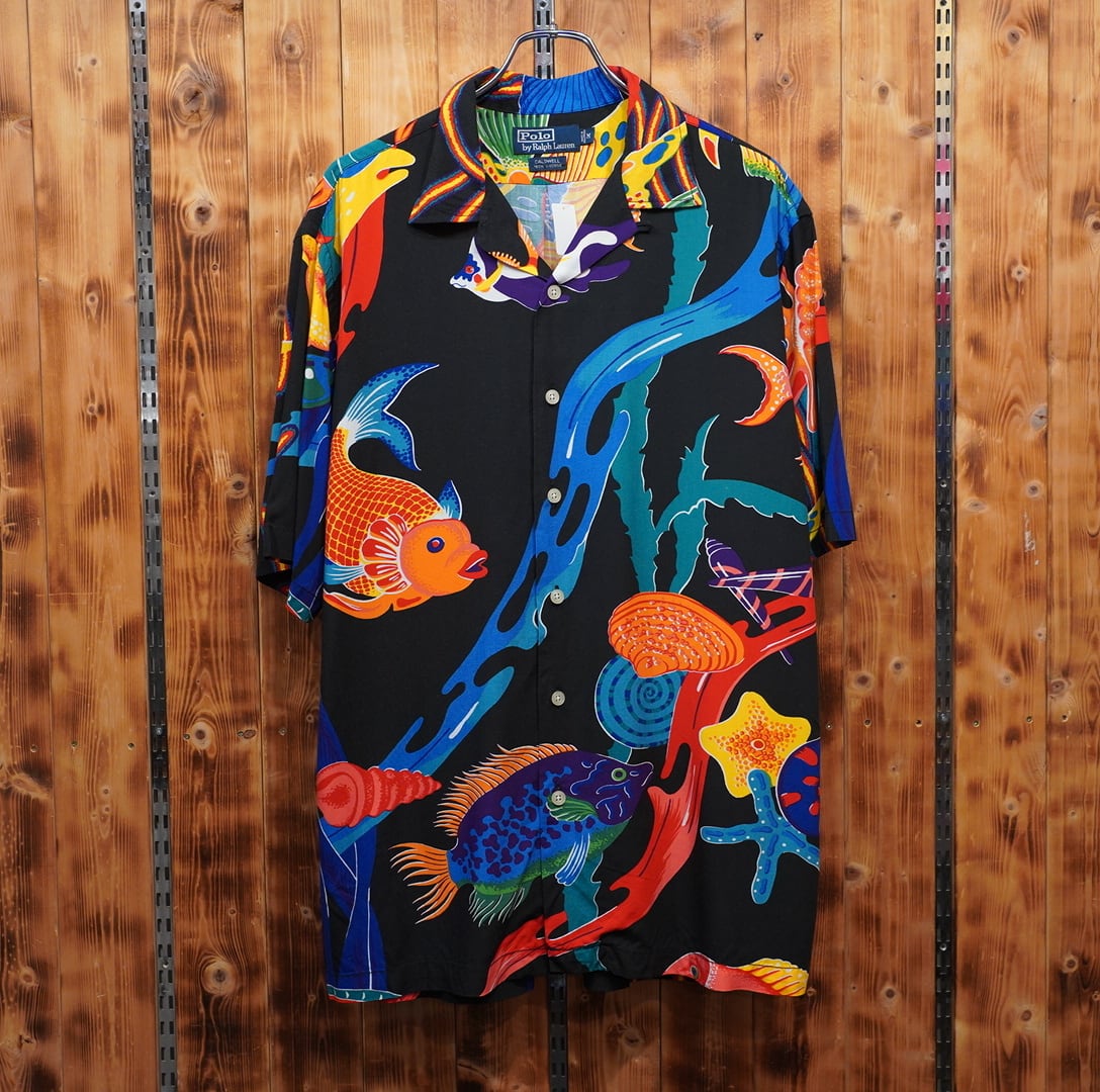ralphlauren caldwell viscose M/ラルフローレン 熱帯魚 鯉 レーヨン 開襟シャツ オープンカラーシャツ 黒 ブラック
