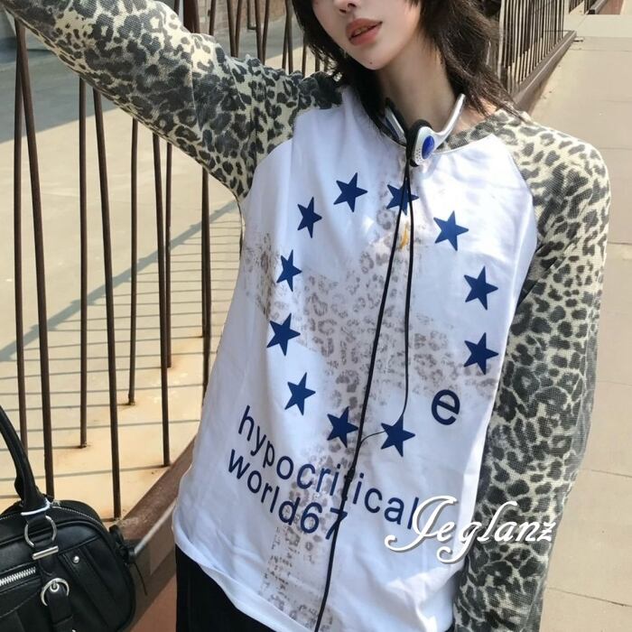 レオパード ラグラン サークル スター 長袖 シャツ ユニセックス(MD288)ρ
