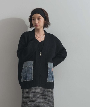 HD2510023 デニムポケットジップニットカーディガン black