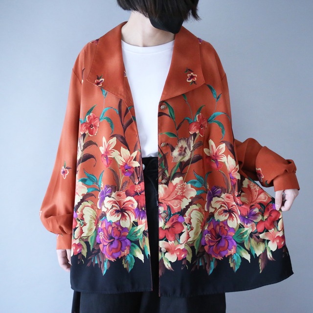 beautiful flower art pattern loose silhouette open collar shirt