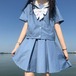 ✞甘め制服スカイブルーネクタイ半袖スリーブトップス or プリーツスカート ブルー ショート ハーフスリーブ 大人ガーリー スウィート キュート カジュアル ✞ゴスロリ SM ミリ 甘ロリ クラロリ 和ロリ エレガント 黒ロリ 姫ロリ 華ロリ BB-BB8574237