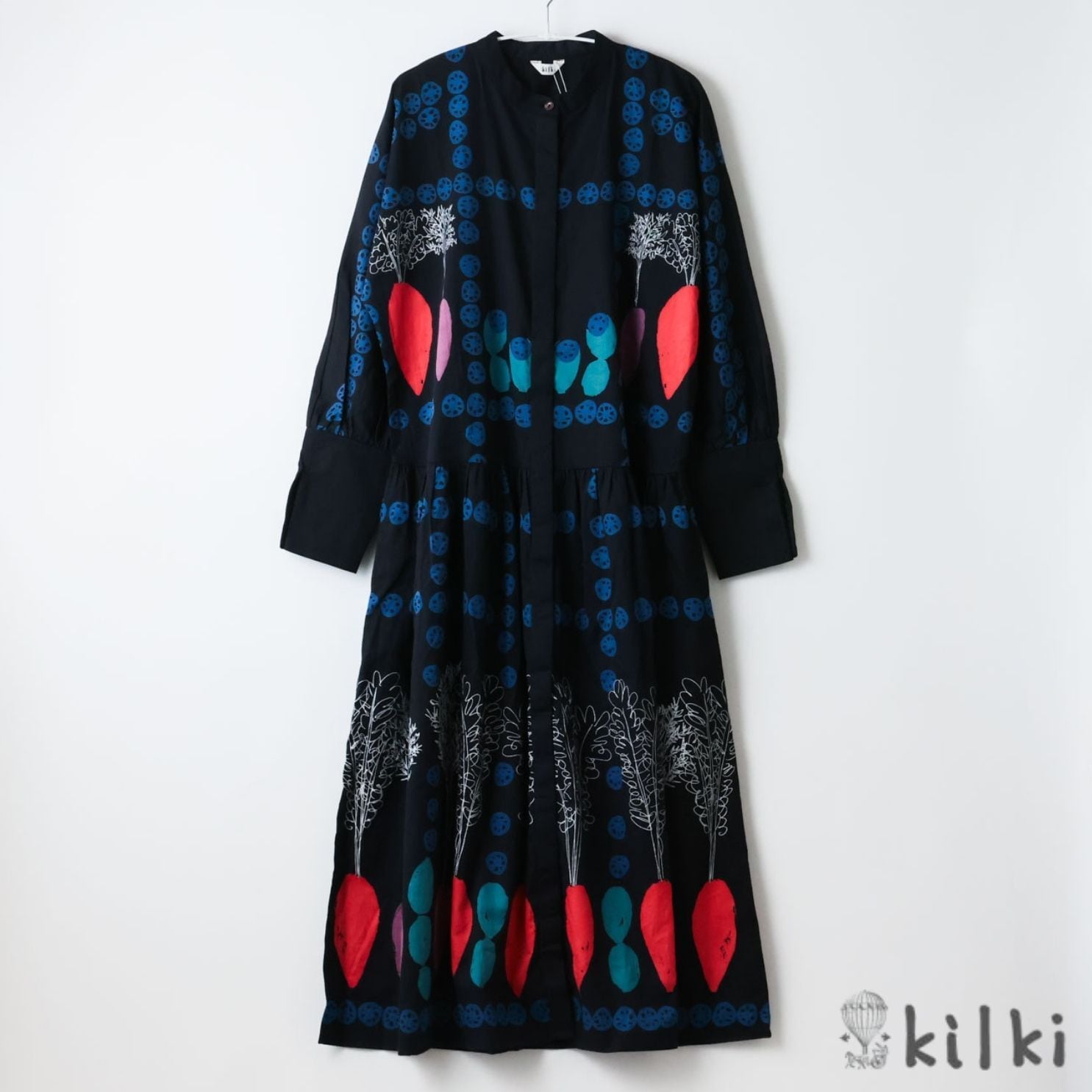 KILKI キルキー 黒 ワンピース ポケット付き レディース ベジスタンプ 長袖 体型カバー ナチュラル 綿 コットン 100% サテン 素材 インド製 柄物 かわいい 大人 ハンドメイド ギフト プレゼント ブラック 5S-D43 Kl001