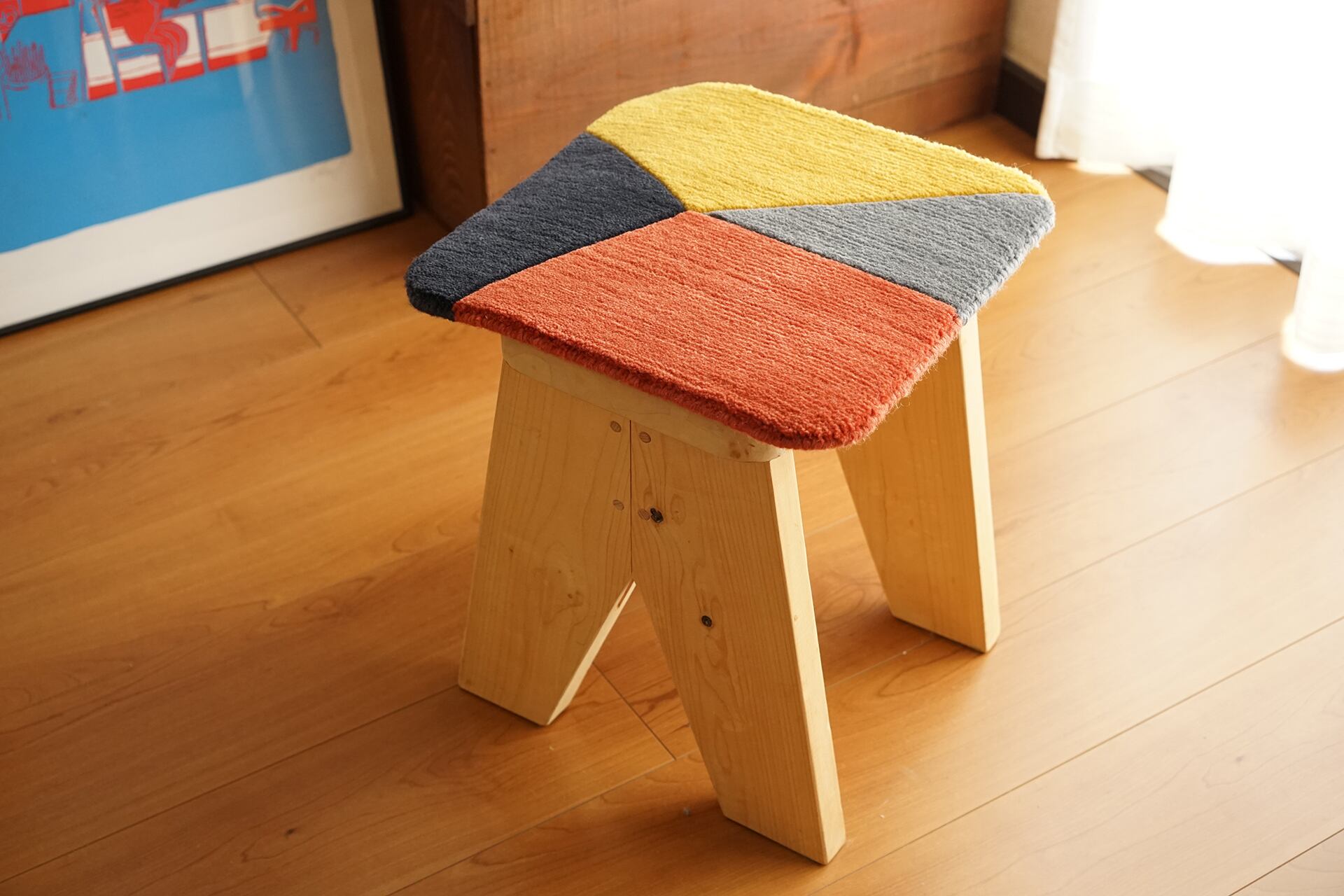 COLOR BLOCK b 2 _チェアパッド_ウールラグ_手織り_オレンジ黄色黒