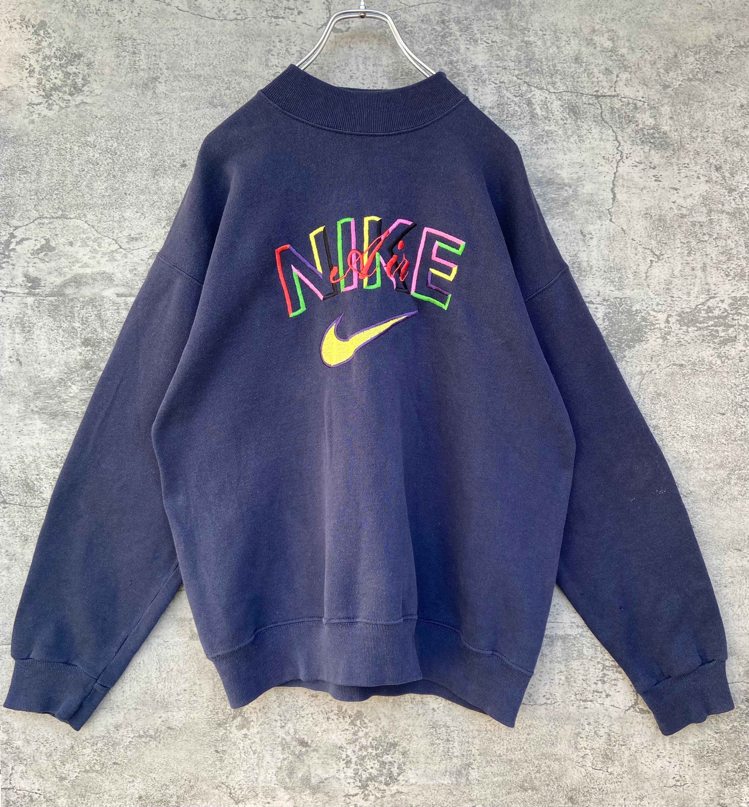 vintage USA製 90s NIKE ナイキ 刺繍 モックネック スウェット 紺