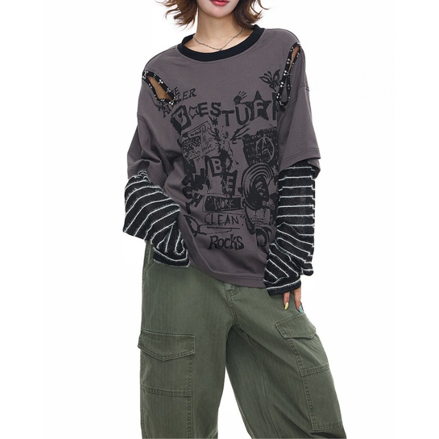 ショルダーカット 長袖 プリント Tシャツ L60009