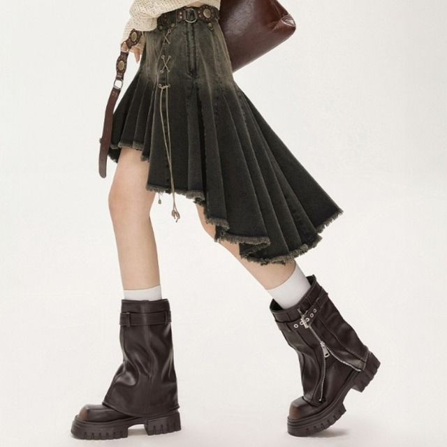 girly asymmetrical hem denim skirt 0955