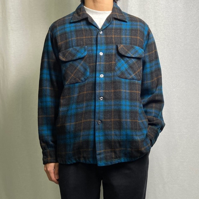 60年代 USA製 PENDLETON ペンドルトン チェック柄 開襟 ウールシャツ 