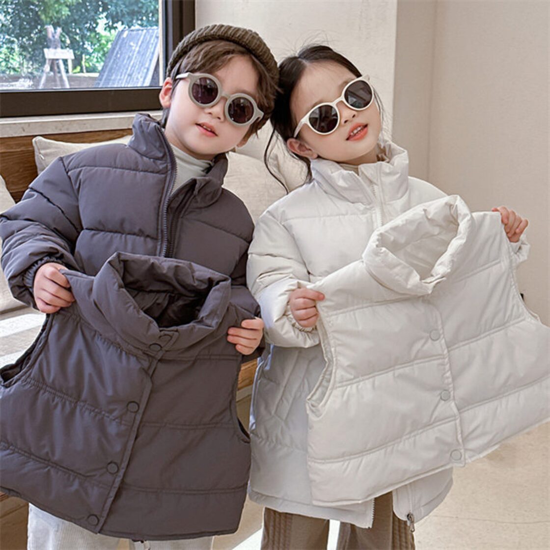 子供服 女の子 ダウンコート 冬物 茶色 80～130cm 長袖 前開き 