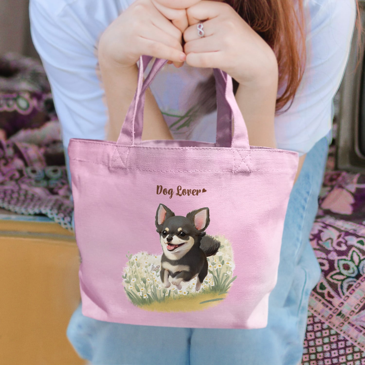 自然に囲まれた チワワ 】 ミニキャンバス トートバッグ 犬 ペット
