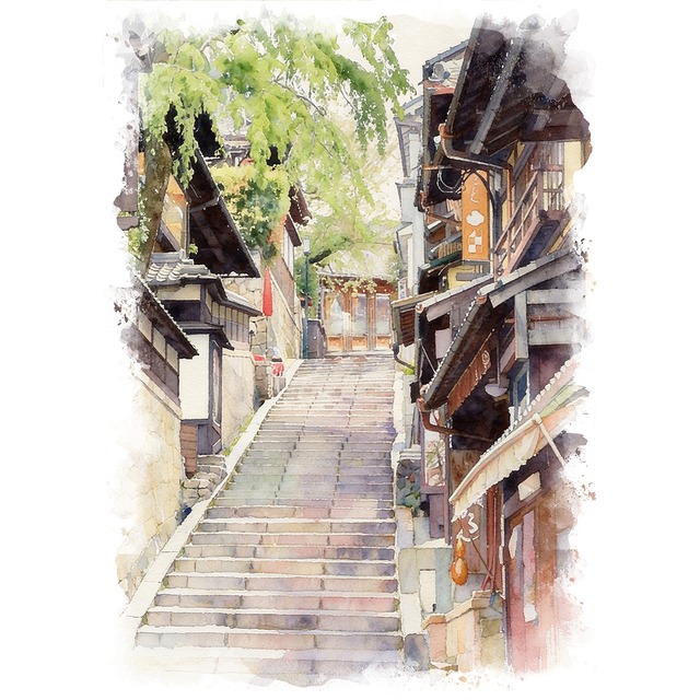絵画 風景画(街並み) 日本 京都府 産寧坂(三年坂) インテリアアート額付き 水彩画・油絵風 WAT1823