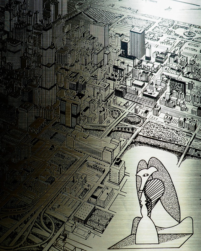 70-80s Chicago bird's-eye view metal plate and wood wall sculpture