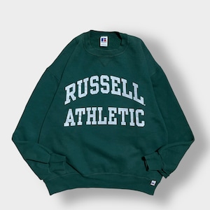 【RUSSELL ATHLETIC】90s USA製 スウェットシャツ トレーナー アーチロゴ 2段プリント 肉厚 太アーム ディープグリーン SWEATSHIRTS L ラッセル ヴィンテージ US古着