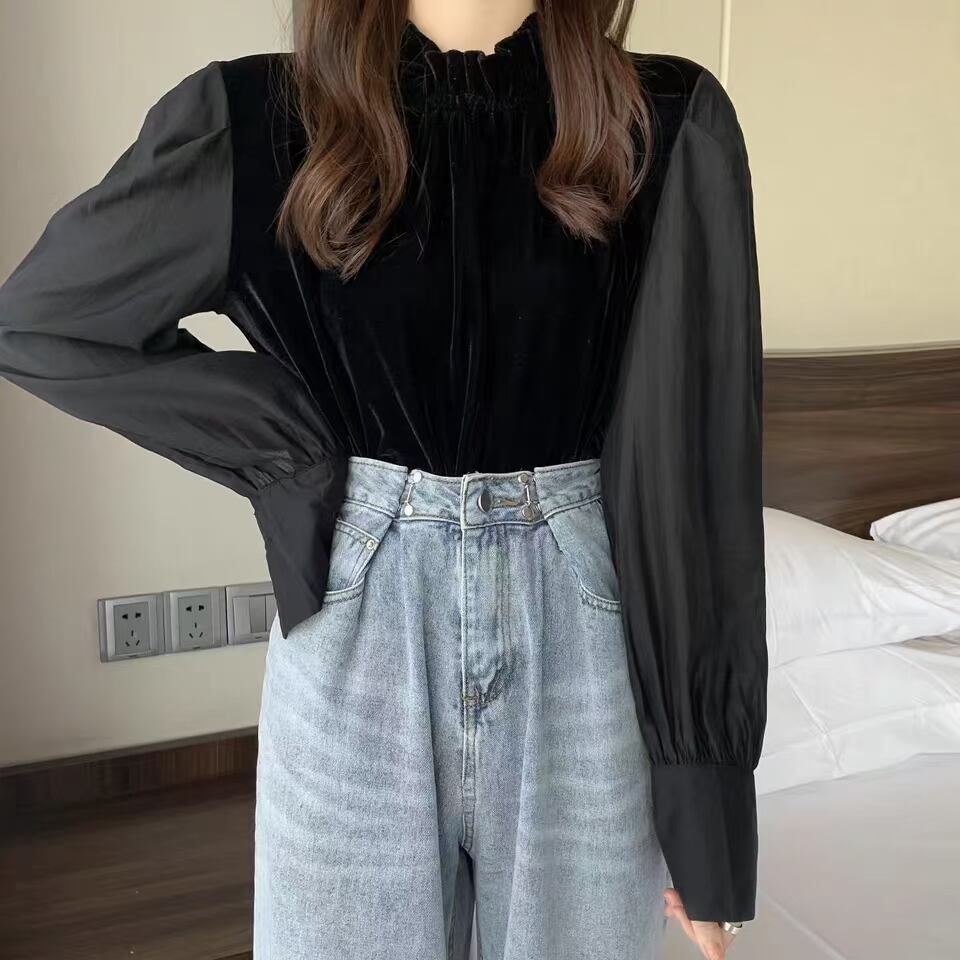 ベロア×シフォン フリルネックブラウス　AJ44170-650