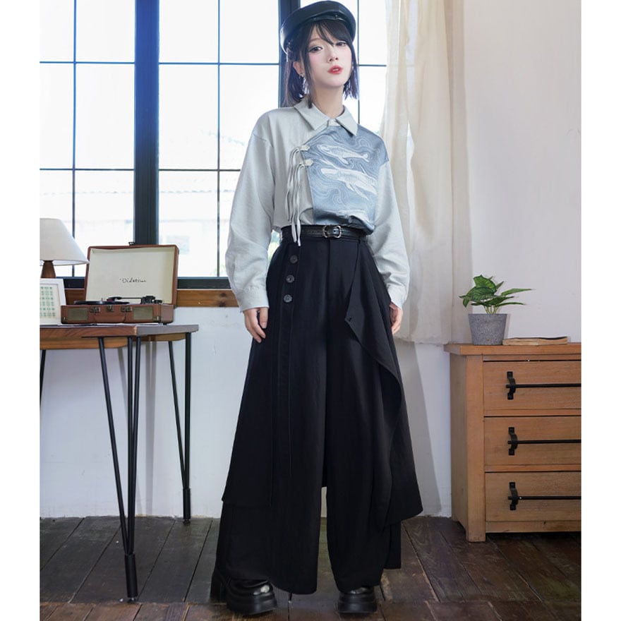 裁雲の風をまとう ドレープフリルと変形ボタンのサブカル系2WAYワイドパンツ