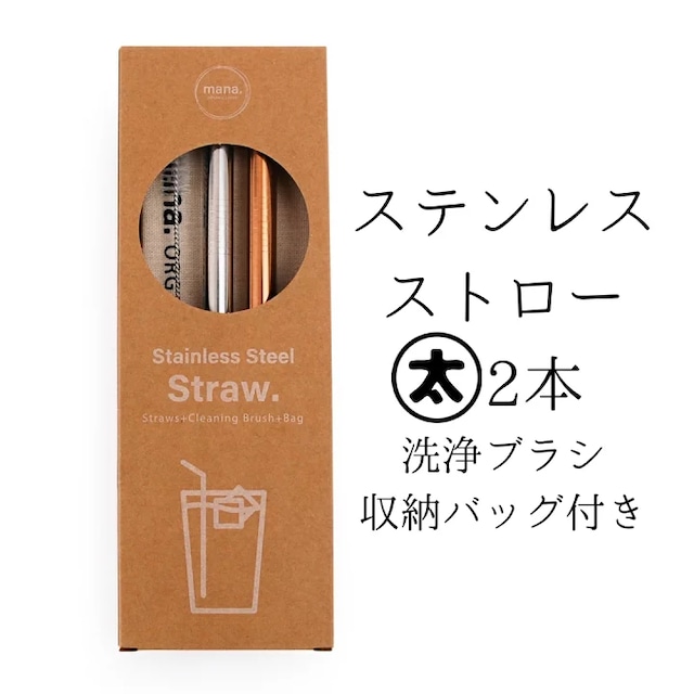 ステンレスストロー２本セット　ケース　洗浄ブラシ付き タピオカストロー スムージーストロー  【mana. ORGANIC LIVING】脱プラ　プラフリー　エコストロー　マイストロー