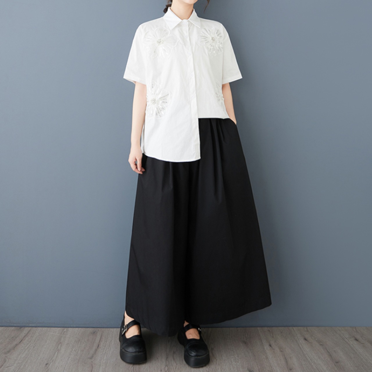 立体ローズ刺繍 オーバーサイズ シャツ  30049