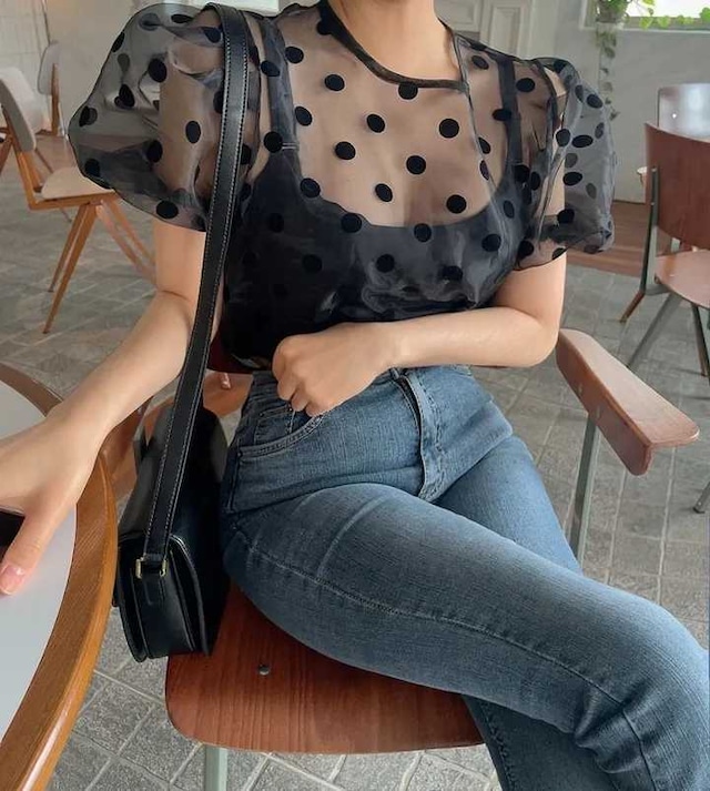 <2カラー>トップス シアー ドット柄 パフスリーブ カジュアル シンプル フェミニン