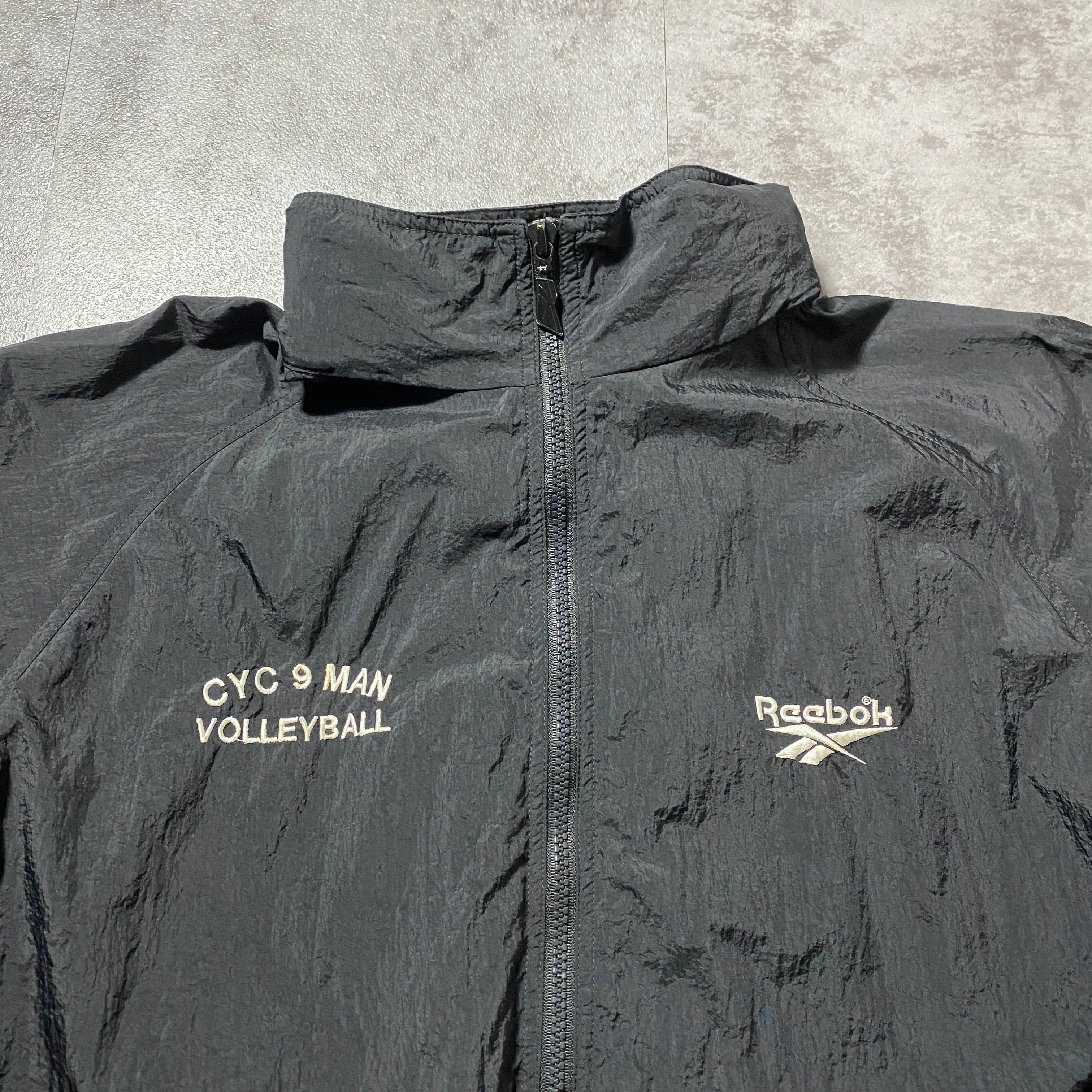 90's Reebok リーボック 刺繍両面ロゴ 薄手 ブラック フード格納