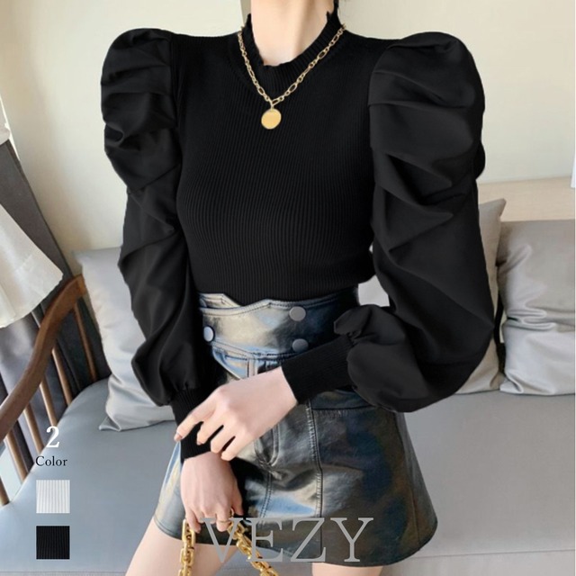 ニットトップス 重ね着風 リブニット ニットソー ボリューム袖切り替えニット 異素材 トップス お洒落 長袖 レディース ニット セーター lstpベジー VEZY ItemNo.【16792444 】