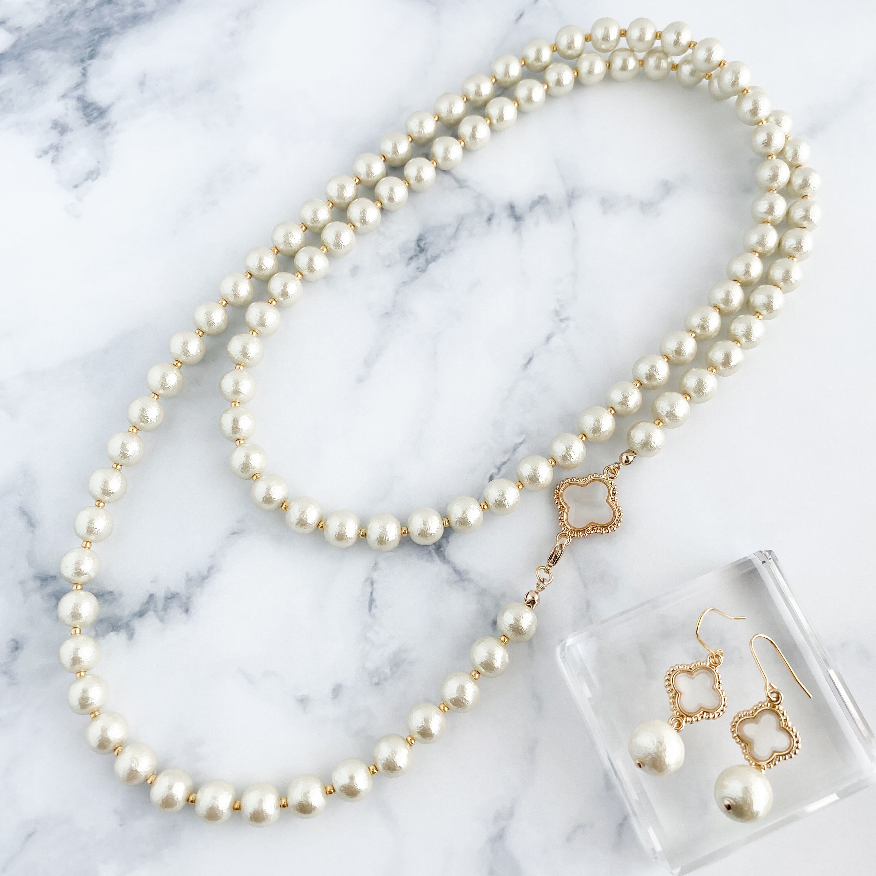 セット 3wayコットンパールロングネックレスとイヤリング ゴールド系 Prunelle 上品な大人アクセサリー