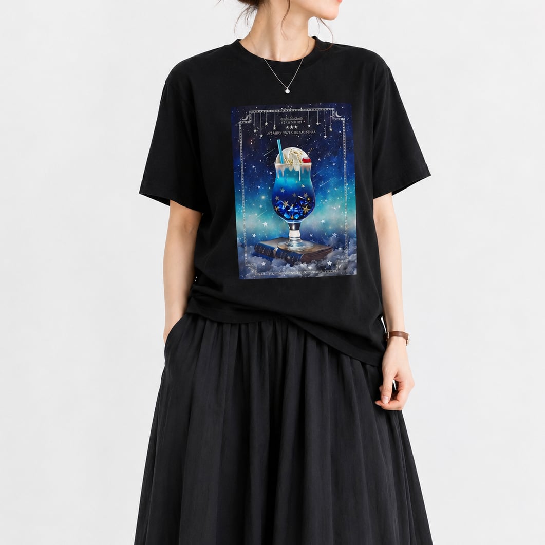 【3色】架空の星空喫茶 "星空のクリームソーダ" Tシャツ BLACK(men&women)