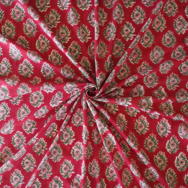 ブロックプリント生地【50cm単位】インド綿  花柄 赤×ピンク #41110-RD1
