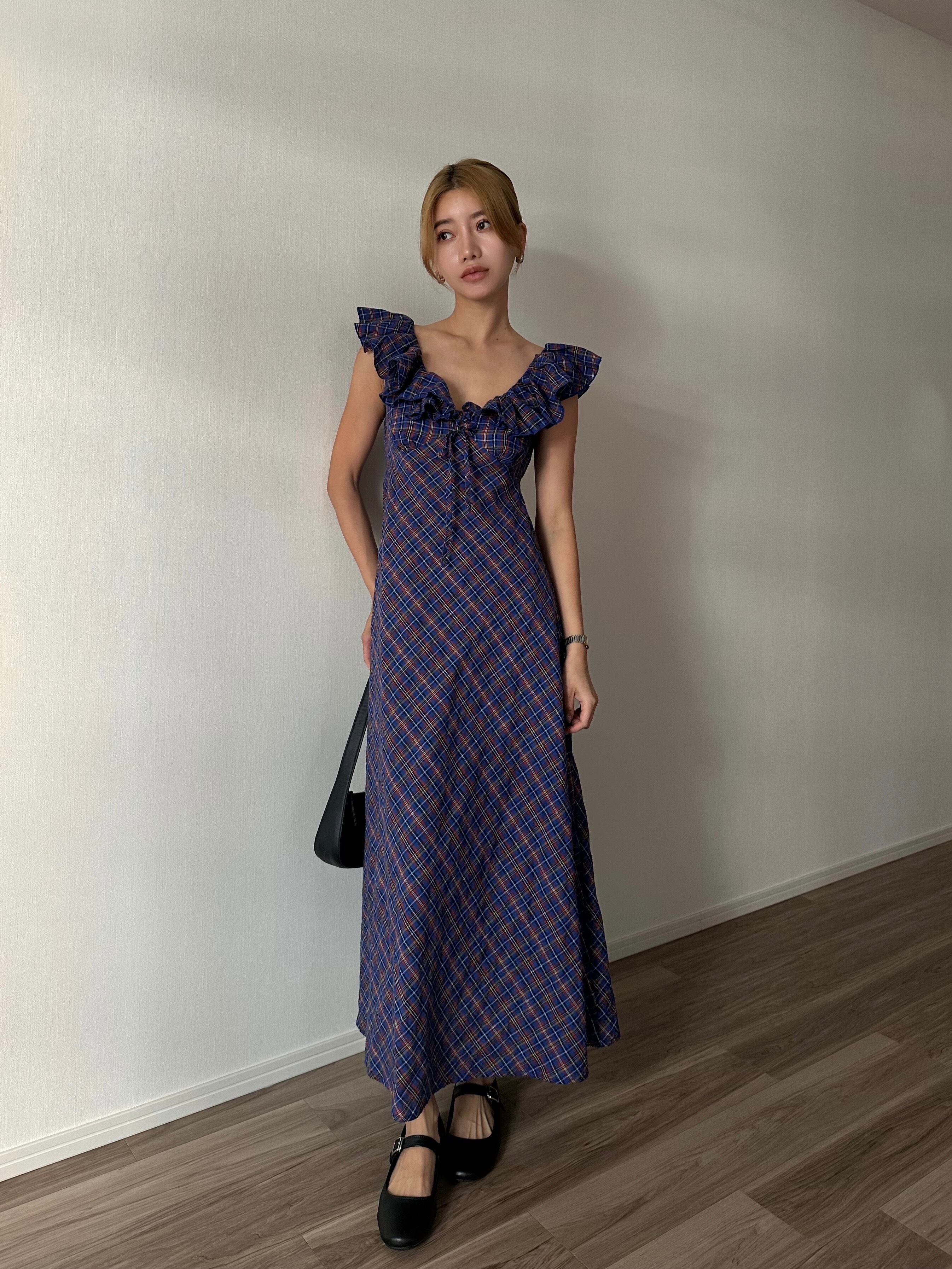 フリルスリーブチェックマキシドレス