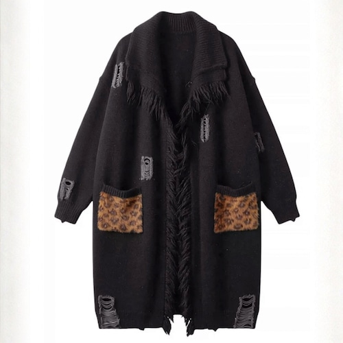 Distressed fringe leopard knit【3color】 C1626