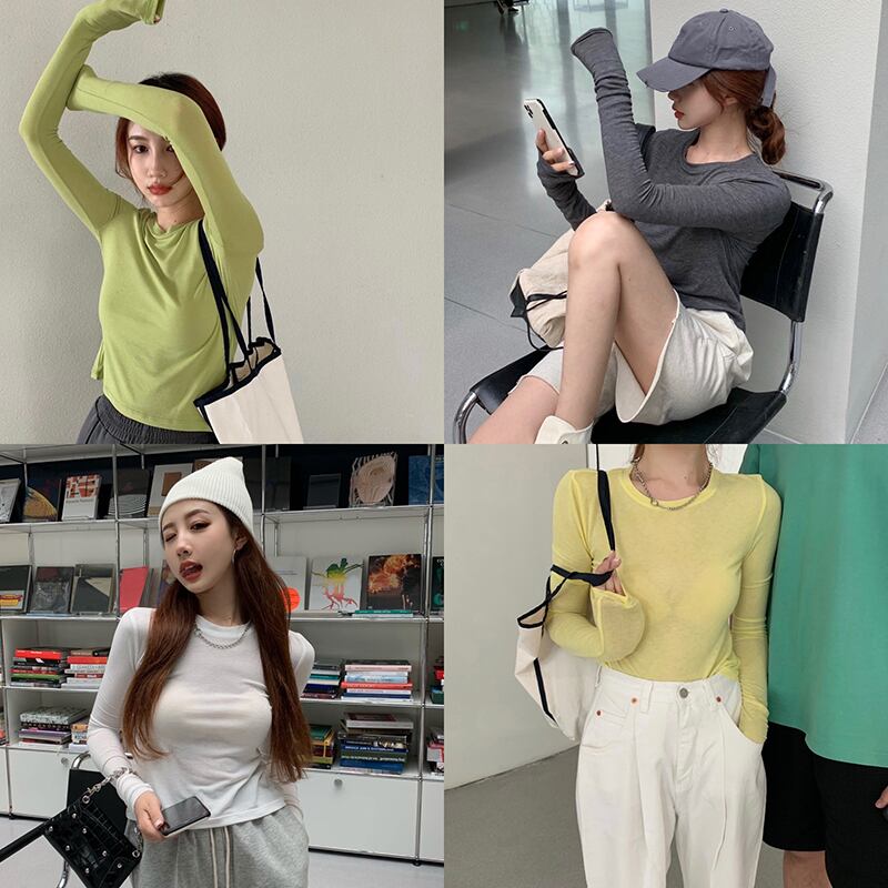 白の薄い日焼け止めTシャツ女性の初秋のタイトフィットとスリムなオールマッチスリム長袖ボトミングシャツトップインタイド ブラックストロベリース38223514309