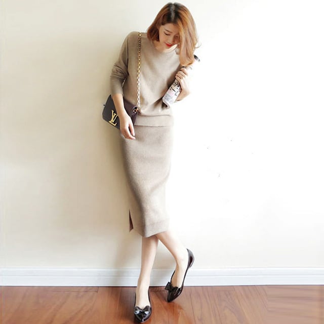 【予約販売】セットアップ レディース スカート ミドル丈 スカートスーツ タイトスカート ウール ニット ウールニット スリム 長袖 無地 ベージュ ブラック グレー 秋冬 通勤 OL おしゃれ