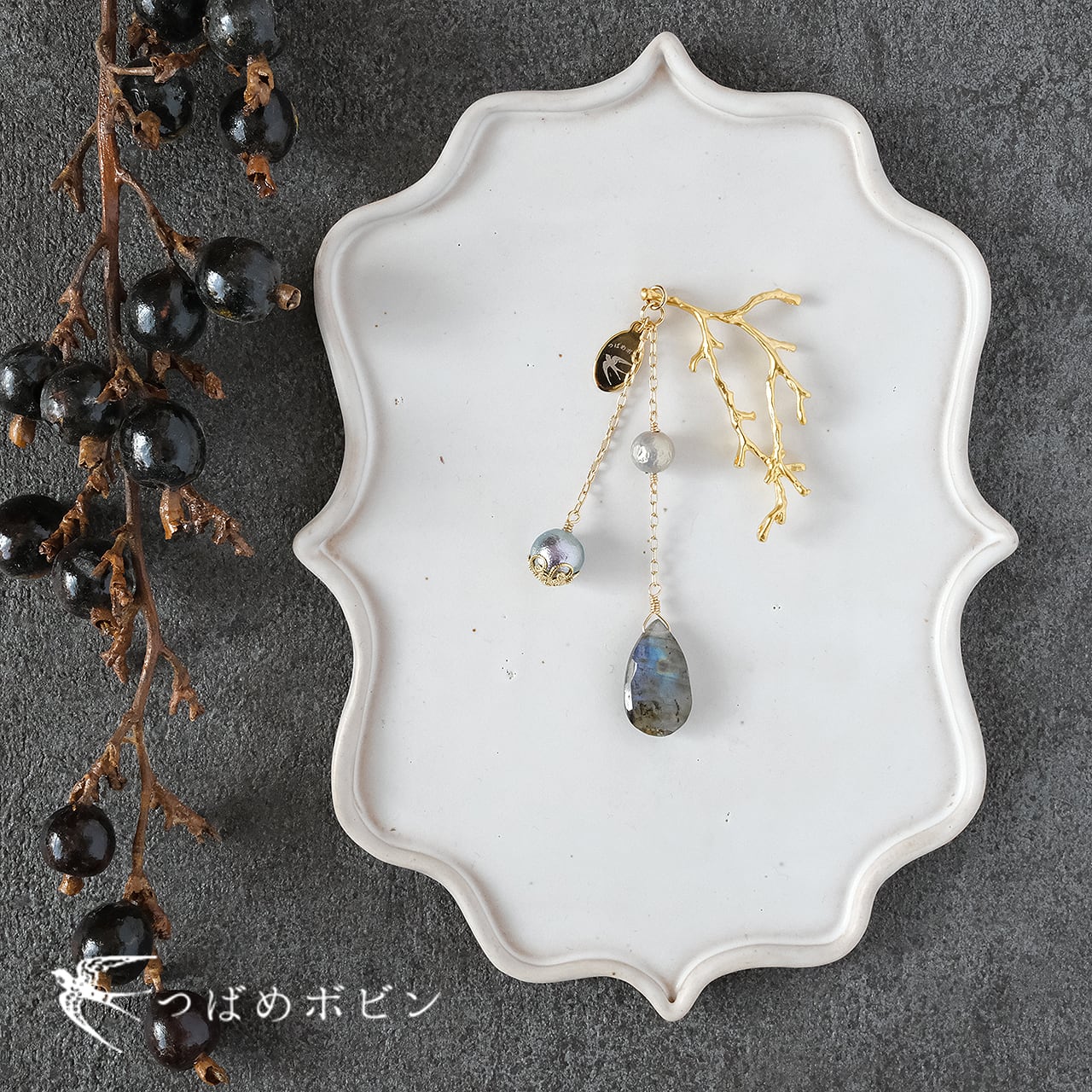 天然石とパールの帯飾り《ラブラドライト 薄雫/B》