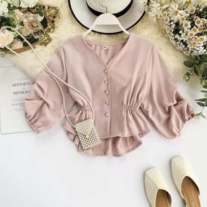 Vネックフロントボタンブラウス