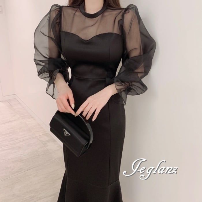 2色 パーティ ドレス シアー ワンピース ドレス マーメイドライン(M7479)★ ζ