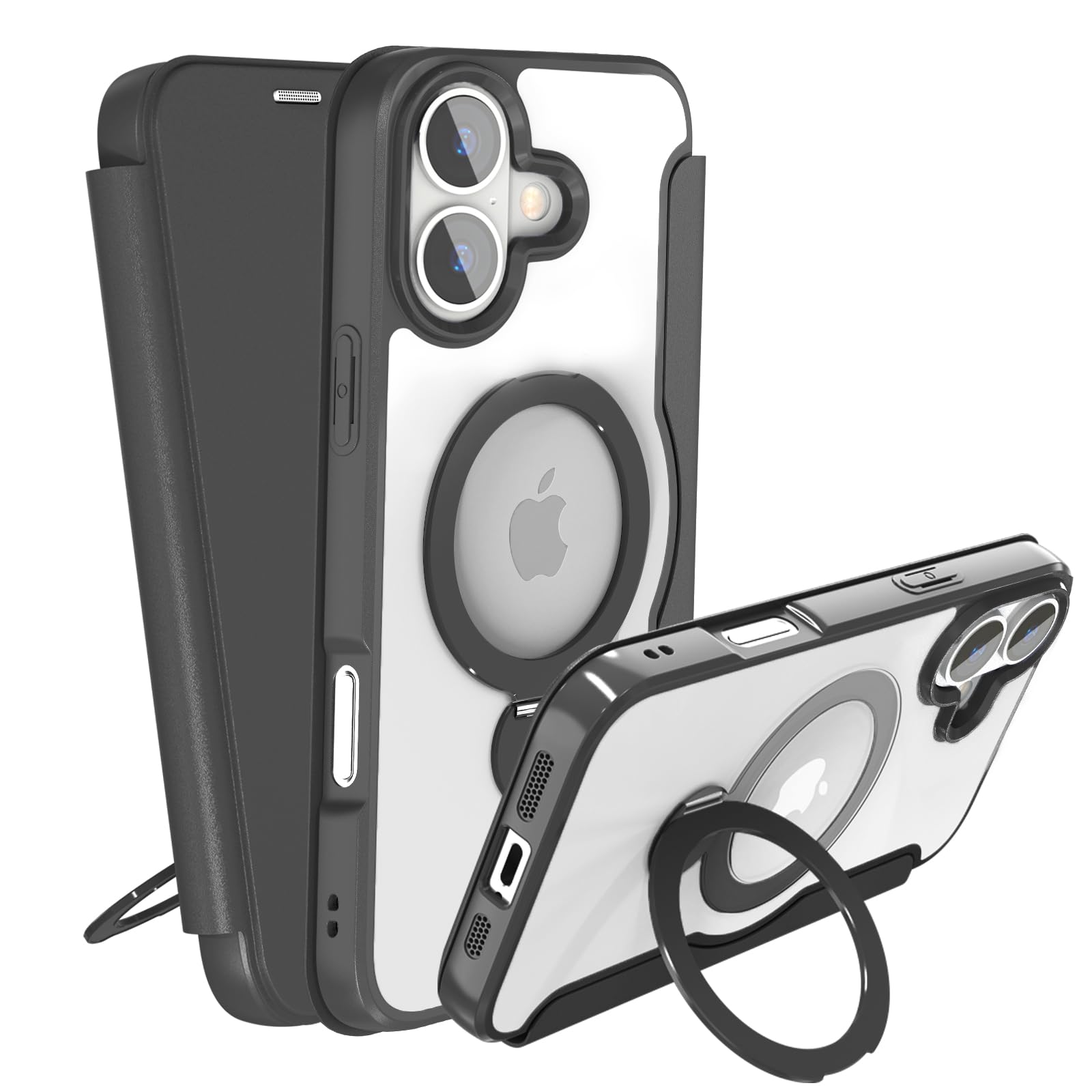 IIKAYO iPhone 16 用 ケース 手帳型 カード収納 背面クリア MagSafe対応 リング付き 360°回転スタンド軽い 薄型 耐衝撃 全面保護 縦横両対応 レザー素材 マグセーフ対応 おしゃれ 黒