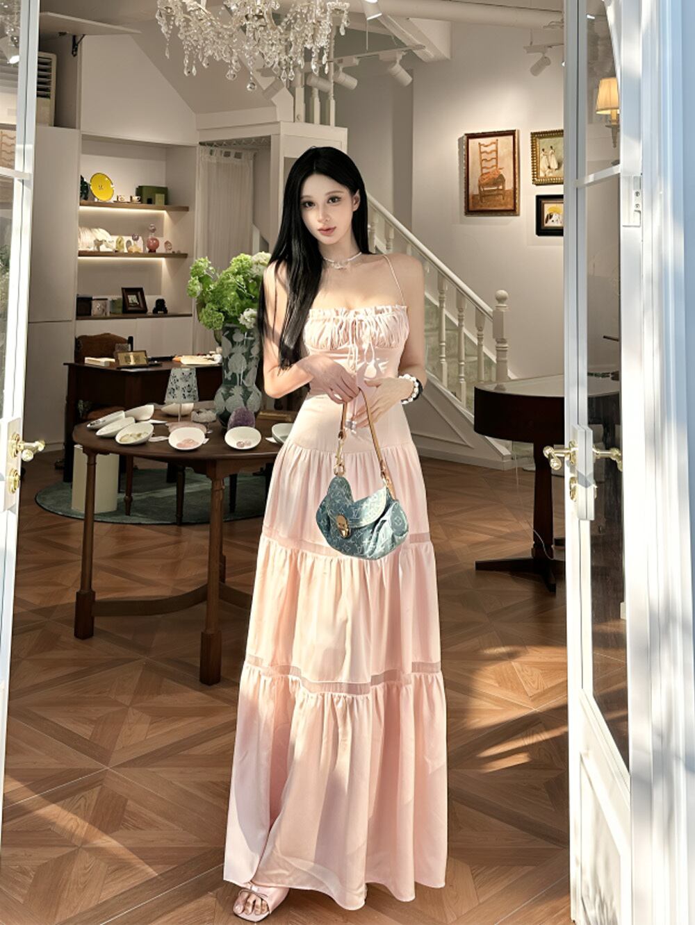 ライトピンクボーダーラインフロントシフォンリボンキャミソールロングワンピース