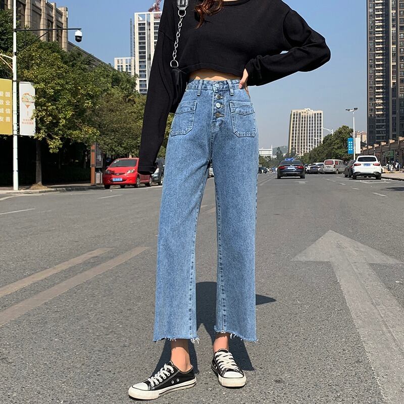 スプリングハイウェストウェストスリムブルージーンズ レディースルーズクロップド 春物 YY-ファッション60243244639