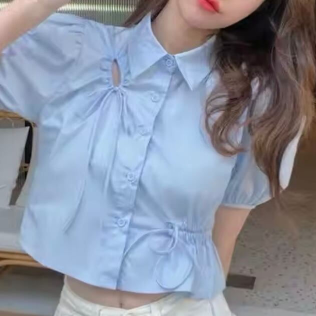 リボンデザインパフスリーブシャツ