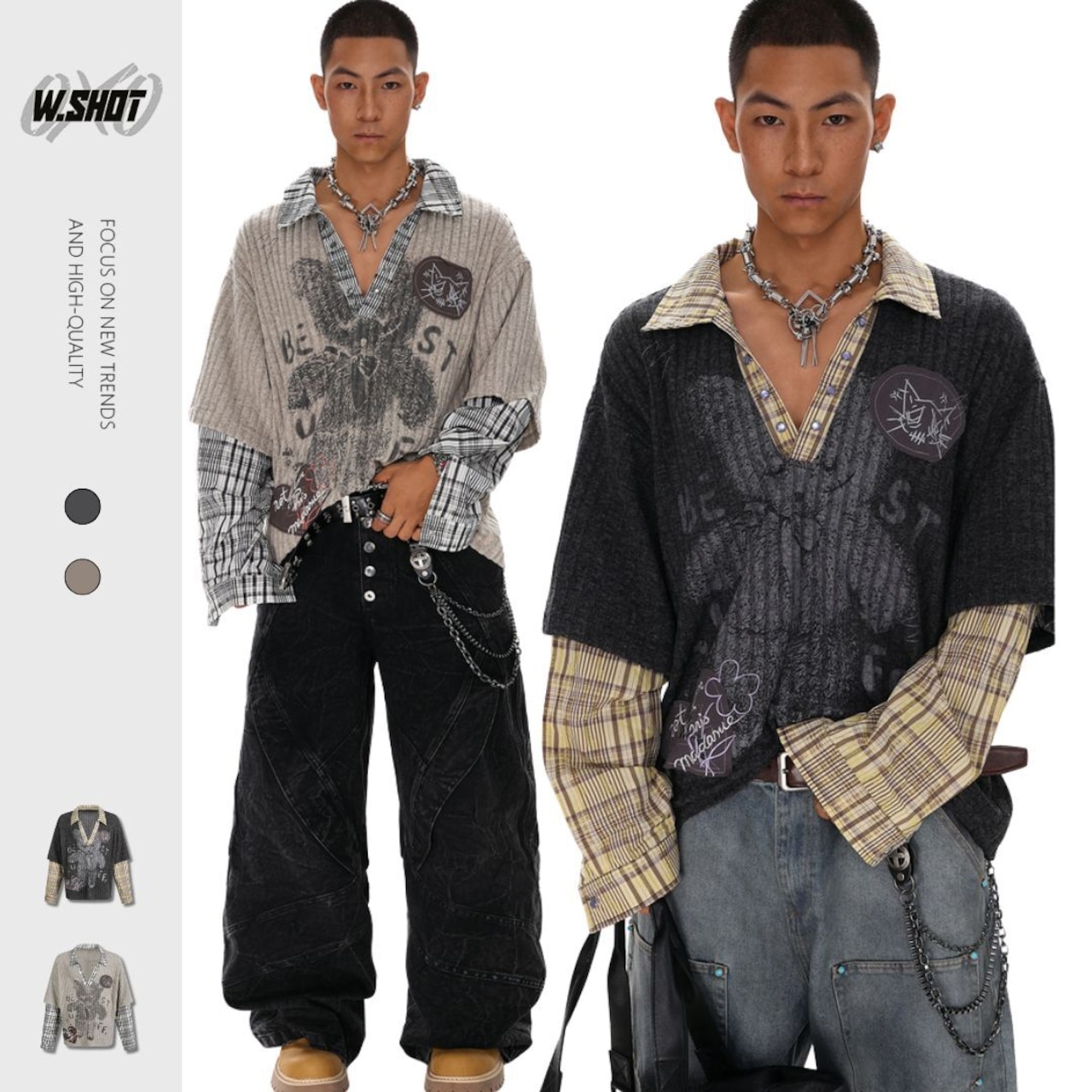 VINTAGE ストリート フェイクレイヤード ニットシャツ T1882