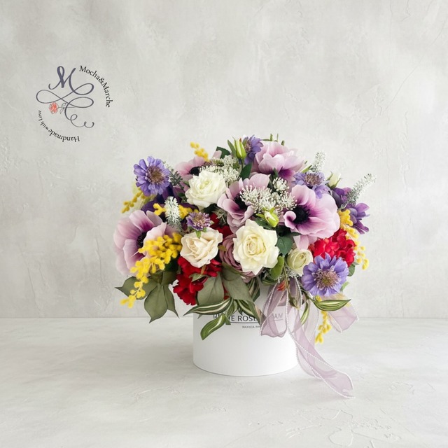 光触媒フラワー アネモネとミモザの春彩ボックスフラワー｜華やか春